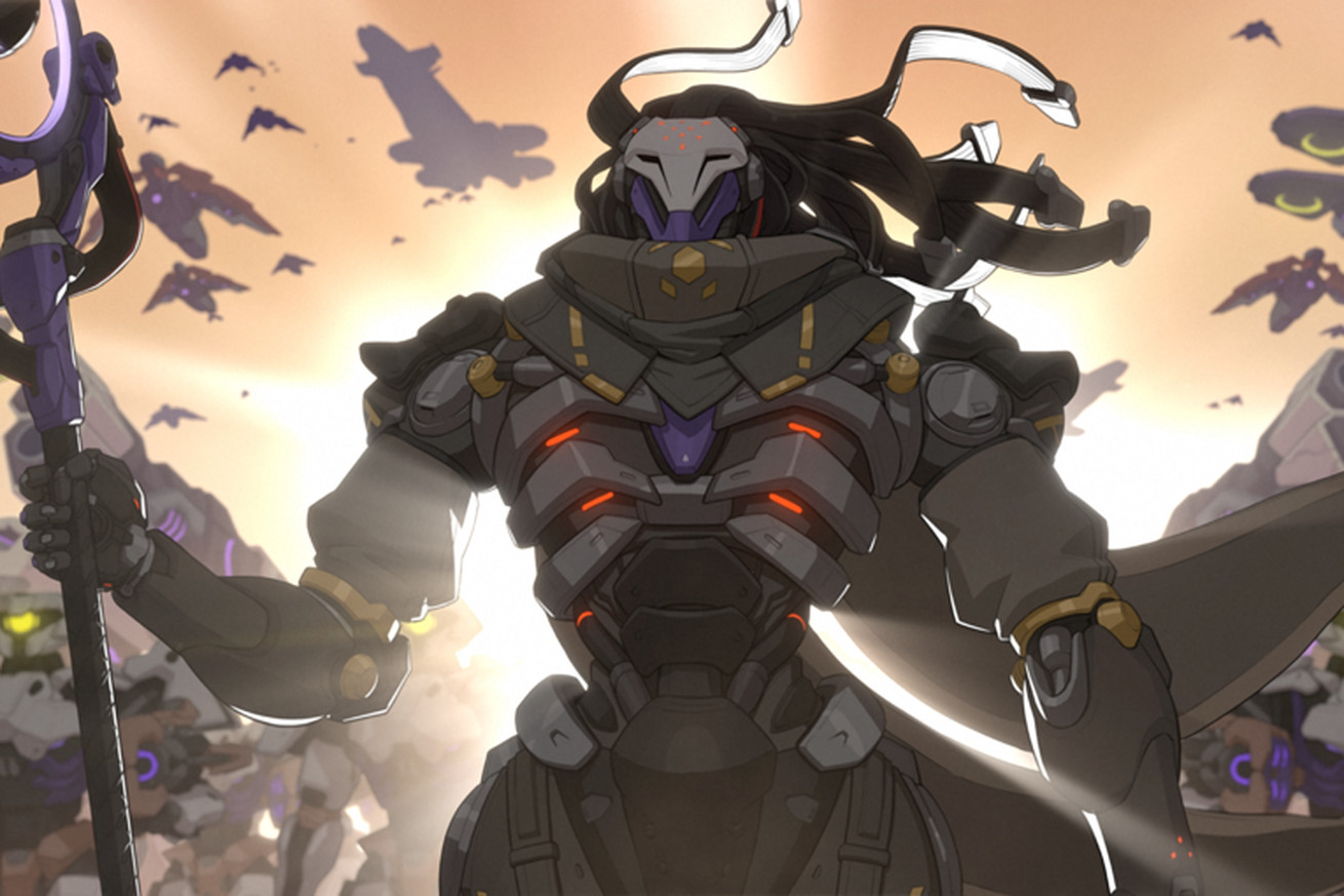 Graphic from Overwatch 2’s new hero reveal trailer featuring a sentient robot holding a giant staff with robotic hair blowing in the breeze.