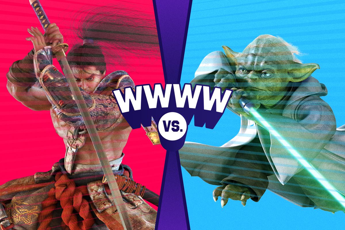Graphic illustration with the letters WWWW vrs. in the center and images of Soulcalibur character and Yoda left and right