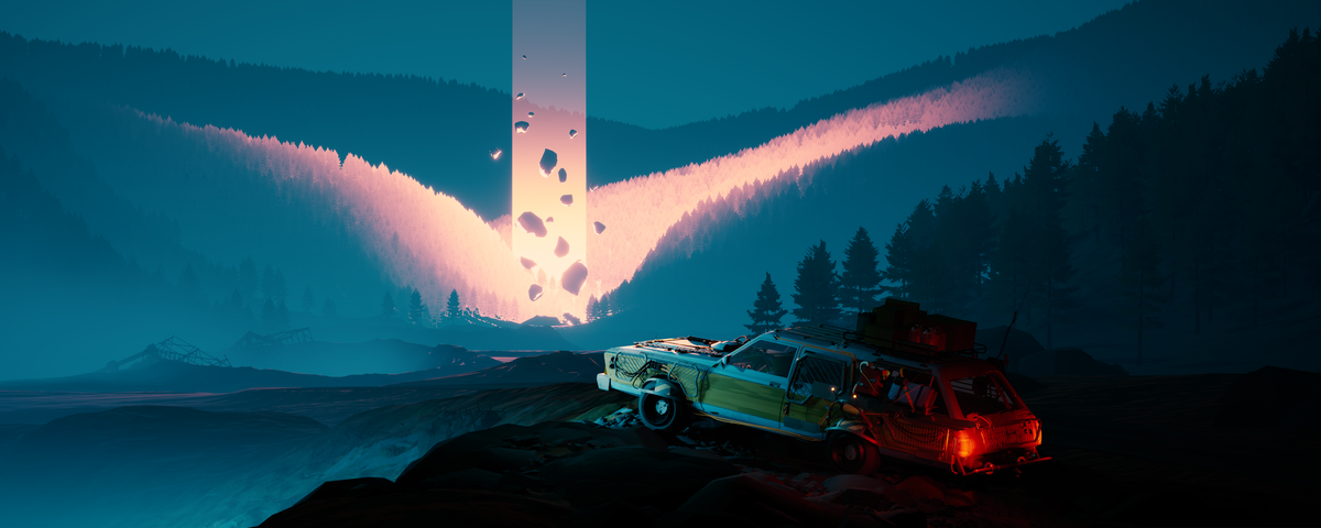 An old station wagon pulls up in front of a wooded Pacific Northwest landscape that is being peirced by a giant beam of light in the distance