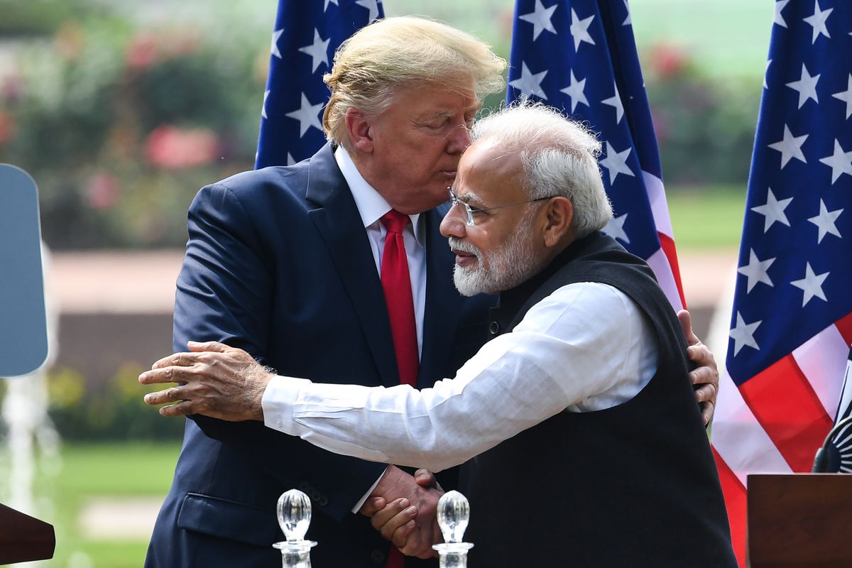 Then-President Donald Trump appeared with India’s Prime Minister Narendra Modi at Hyderabad House in New Delhi in February 2020.