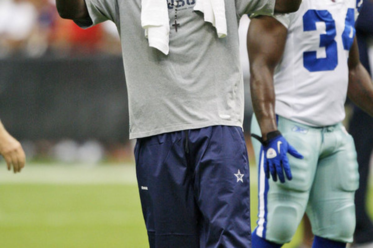 HOUSTON - AUGUST 28:  Wide receiver Dez Bryant of the Dallas Cowboys before the preseason game against the Houston Texans at Reliant Stadium on August 28 2010 in Houston Texas.  (Photo by Bob Levey/Getty Images)