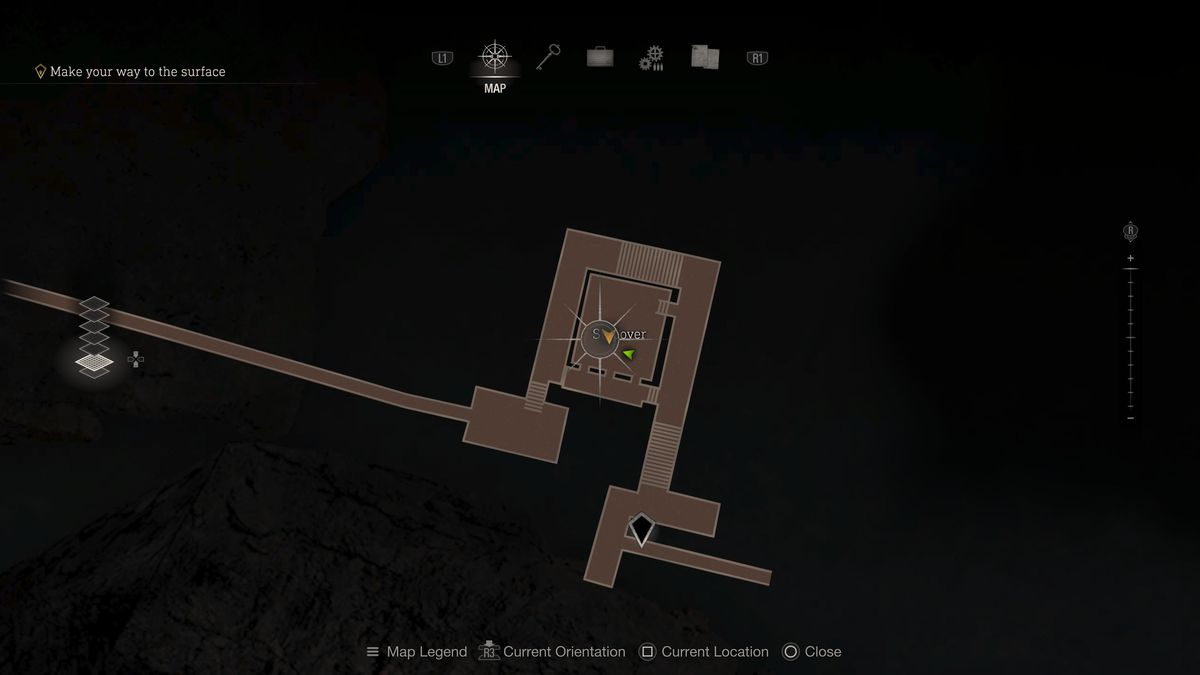 A map location pinpointing the Stopover in Resident Evil 4 remake with the Clockwork Castellan inside.
