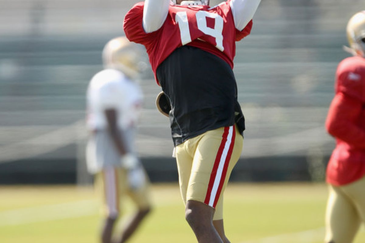 SANTA CLARA CA - AUGUST 02:  Ted Ginn #19 works out during the San Francisco 49ers training camp at their training complex on August 2 2010 in Santa Clara California.  (Photo by Ezra Shaw/Getty Images)