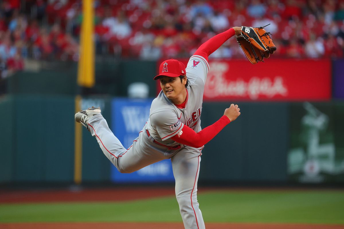 Shohei Ohtani of the Los Angeles Angels pitches against the St. Louis Cardinals at Busch Stadium on May 3, 2023 in St Louis, Missouri.