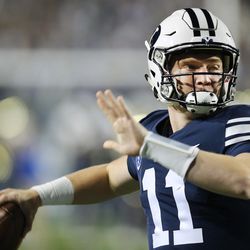 BYU quarterback Joe Critchlow warms up in Provo on Friday, Oct. 6, 2017.