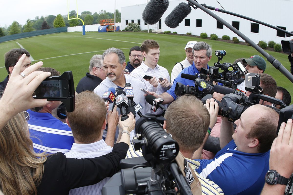 INDIANAPOLIS, IN - MAY 4: Head coach Chuck Pagano of the Indianapolis Colts talks to the media following a rookie minicamp at the team facility on May 4, 2012 in Indianapolis, Indiana. (Photo by Joe Robbins/Getty Images)