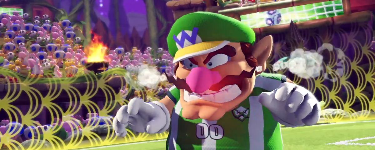Wario is angry in Mario Strikers. There is steam coming out of his ears.