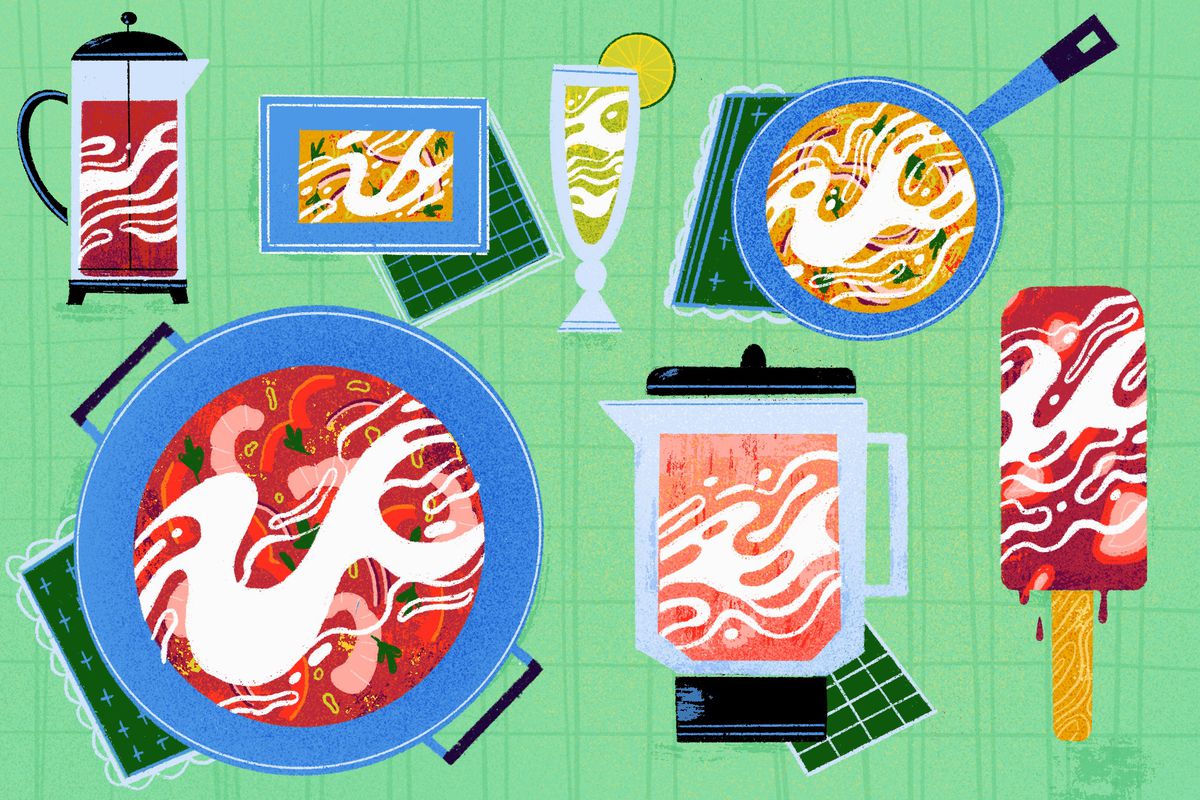 An illustration showing swirls of coconut milk in different forms against a light green background: in a pot of red stew; in a blender full of pink liquid; in a red popsicle; in coffee in a coffee carafe; in a skillet of yellow curry; in a green drink; in a rectangular yellow dish.