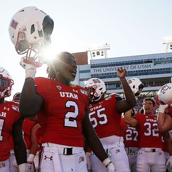 The Utah Utes gather to celebrate following their win against the Idaho State Bengals during NCAA football in Salt Lake City on Saturday, Sept. 14, 2019.