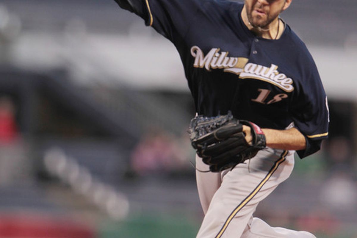 PITTSBURGH, PA - APRIL 13:  Shaun Marcum #18 of the Milwaukee Brewers throws a pitch during their game against the Pittsburgh Pirates at PNC Park on April 13, 2011 in Pittsburgh, Pennsylvania.  (Photo by Scott Halleran/Getty Images)