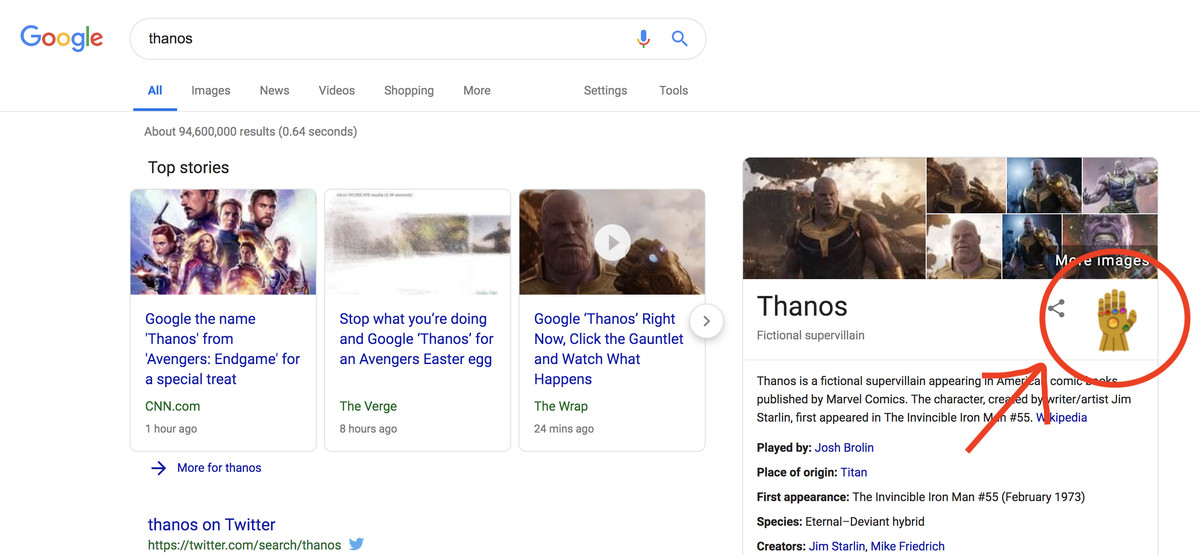 A Google search result page for Ã¢â‚¬Å“Thanos.Ã¢â‚¬Â