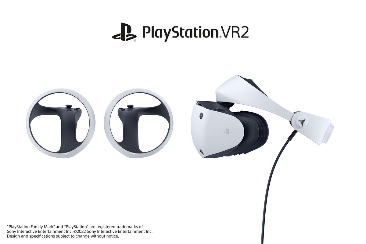 The PSVR2 headset and Sense controllers viewed from the side
