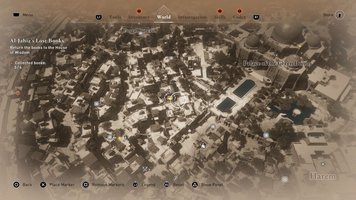 A map shows the location of Al-Jahiz House Gear Chest in AC Mirage.