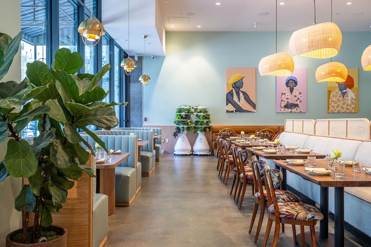 A light blue and green sunny daytime interior with house plants at new LA restaurant Joyce.