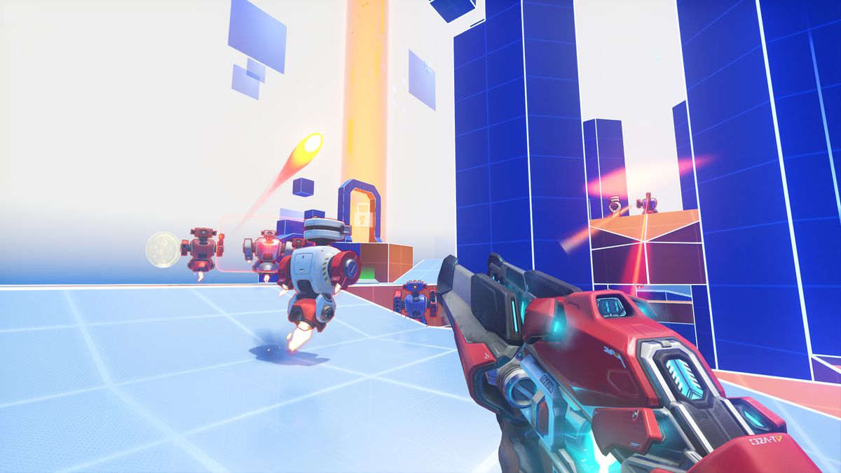 A first-person screenshot of Sojourn’s Hero Mastery level in Overwatch 2