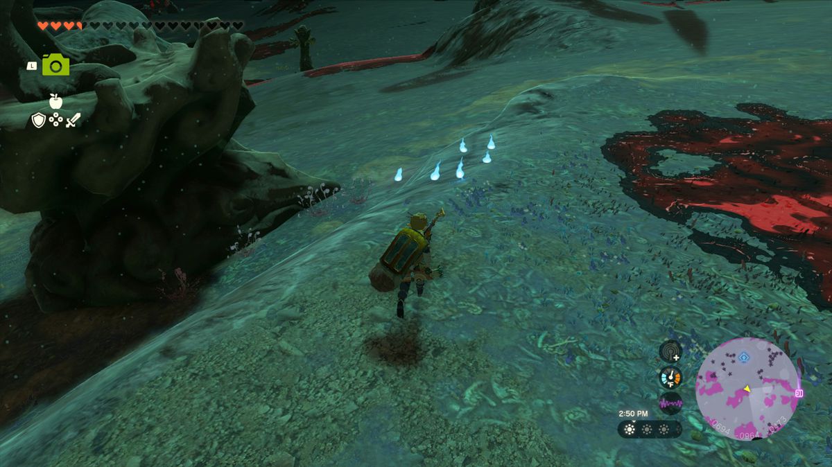 Six poes float in the Depths in Tears of the Kingdom, as Link runs up to them, ready to grab them.