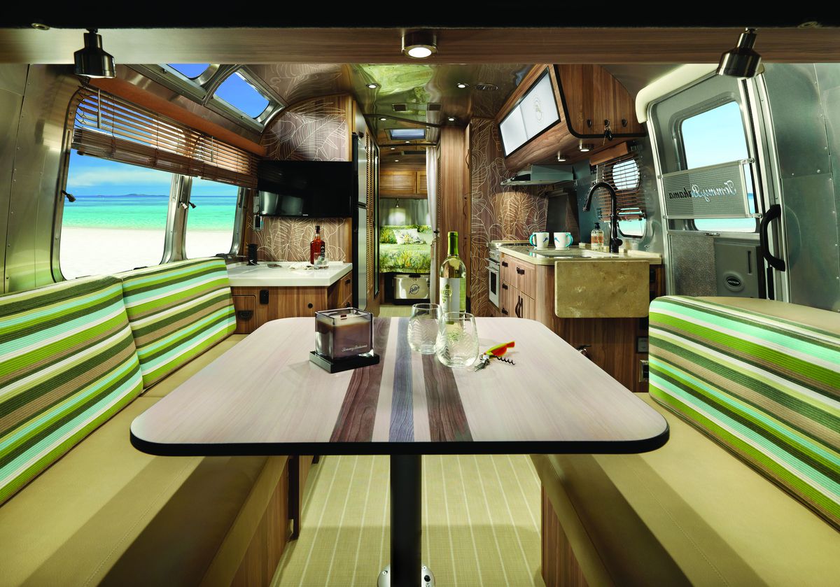 The interior of the Tommy Bahama Airstream Special Edition Travel Trailer. 