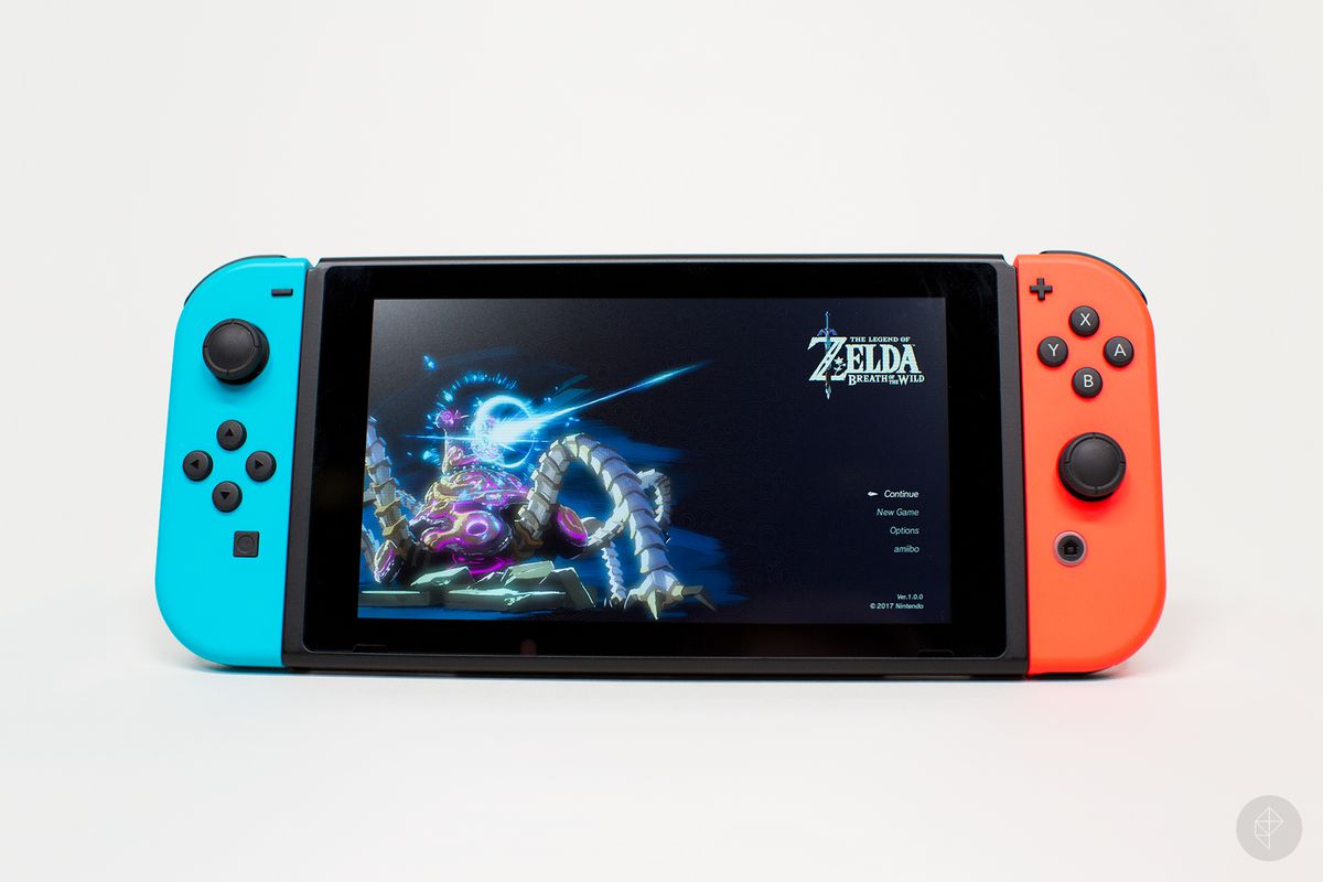 Nintendo Switch handheld with Zelda main menu