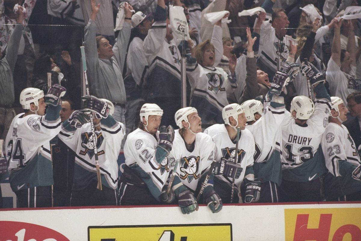Anaheim celebrates during the first round of the 1996-97 playoffs.