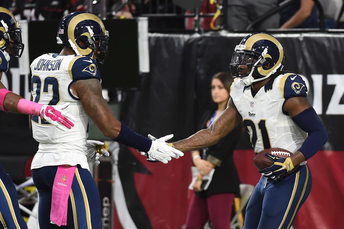 Trumaine Johnson and Janoris Jenkins celebrate an interception for the St. Louis Rams in 2015