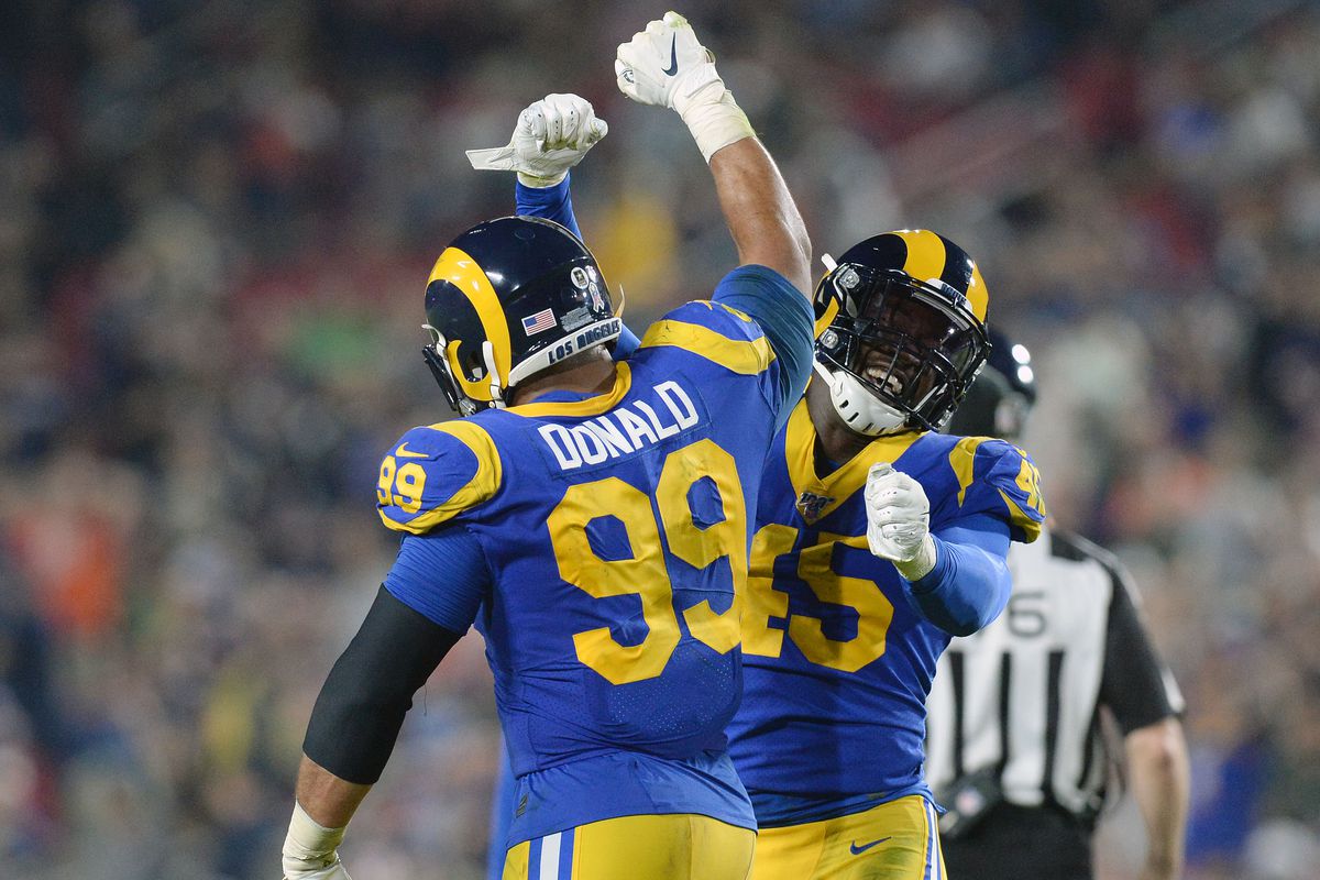 Los Angeles Rams DL Aaron Donald and EDGE Ogbonnia Okoronkwo celebrate after sacking Chicago Bears QB Chase Daniel late in Week 11, Nov. 17, 2019.