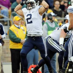 BYU's Spencer Hadley celebrates a third-down stop as BYU and Notre Dame play Saturday, Oct. 20, 2012 in South Bend, Ind.