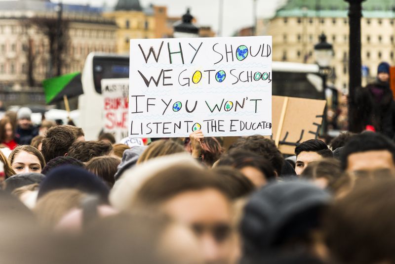 Students participate in a strike outside of the Swedish parliament house, Riksdagen, in order to raise awareness for global climate change on March 15, 2019 in Stockholm, Sweden.