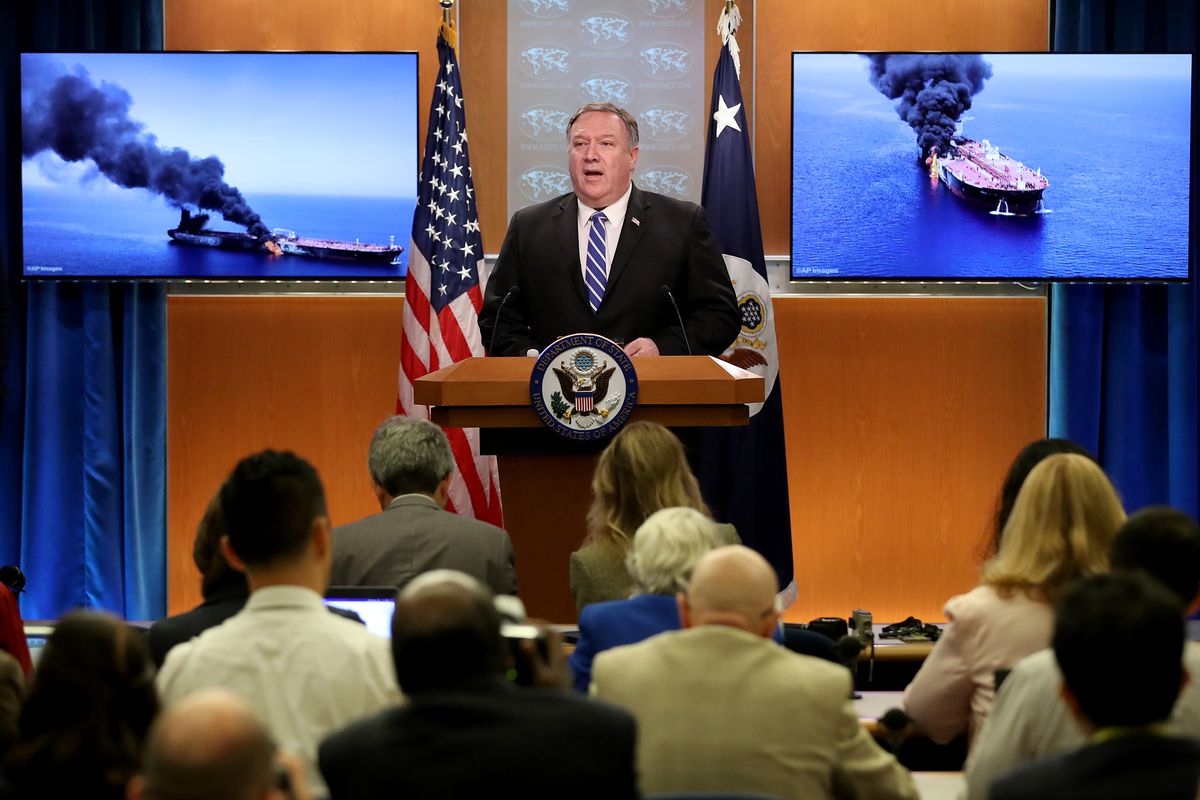 US Secretary of State Mike Pompeo briefs reporters on the suspected attacks on two oil tankers in the Gulf of Oman at the State Department on June 13, 2019, in Washington, DC.