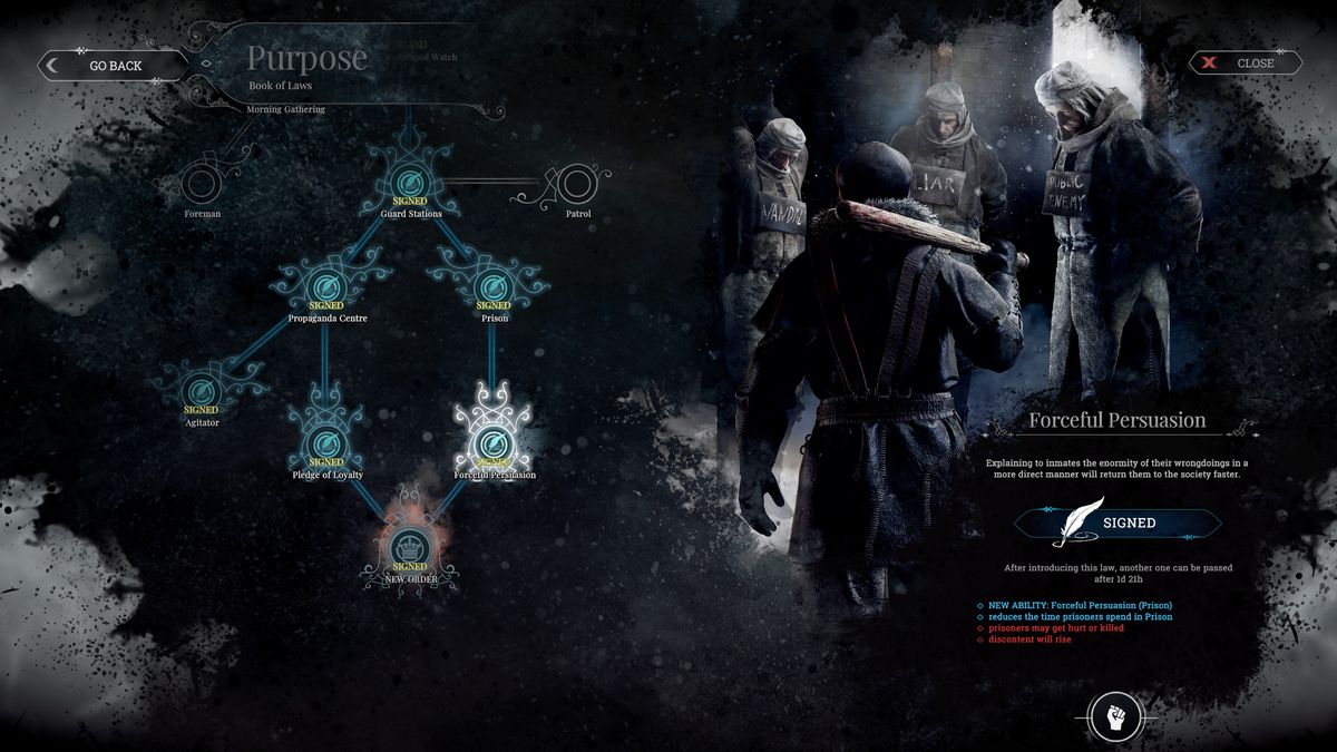 Criminals hang in the town square in Frostpunk.