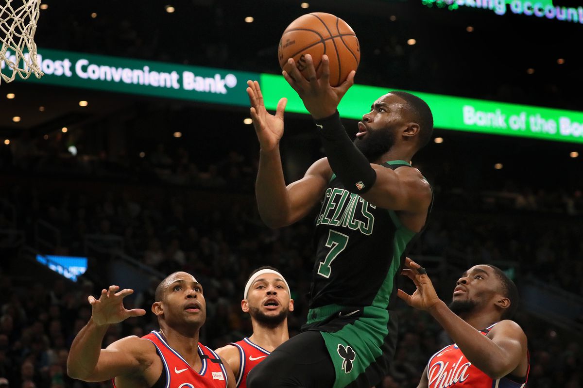 Boston Celtics guard Jaylen Brown splits the Philadelphia 76ers defense for a second quarter layup in the second quarter. The Boston Celtics host the Philadelphia 76ers in an NBA basketball game at TD Garden in Boston on Feb. 1, 2020.