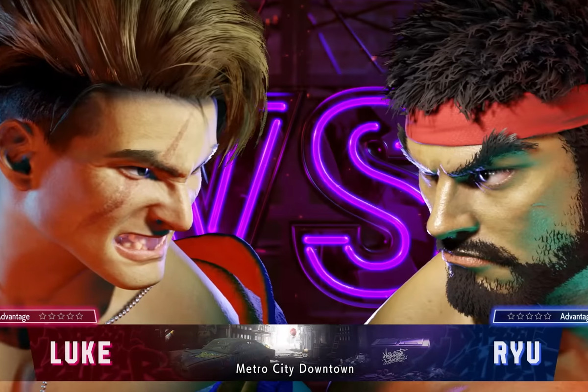 Street Fighter 6 - Ryu and Luke grimace at each other during a loading screen.