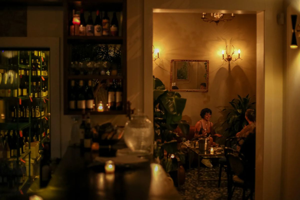 A view of a dimly lit, plant-filled room from the main room of a wine bar.