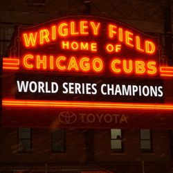 The World Series Champions display on the marquee