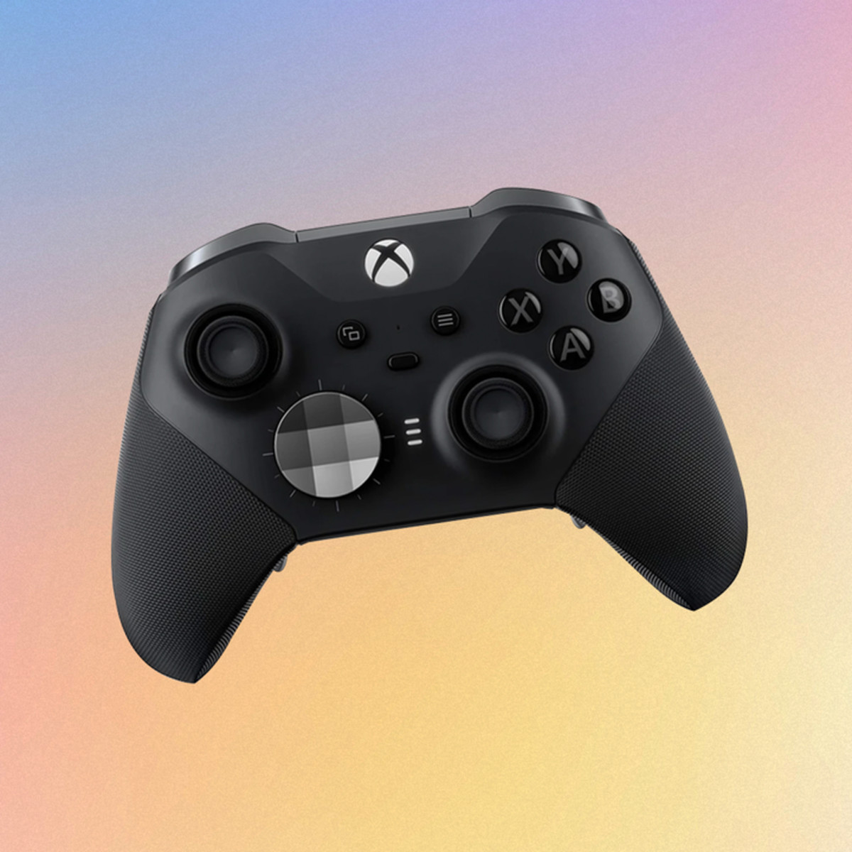 The Microsoft Xbox Elite Black Series 2 wireless controller on a rainbow background.