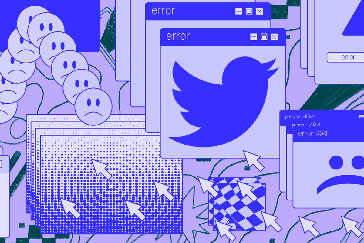 Illustration of the Twitter logo, screens, and frowny emojis.