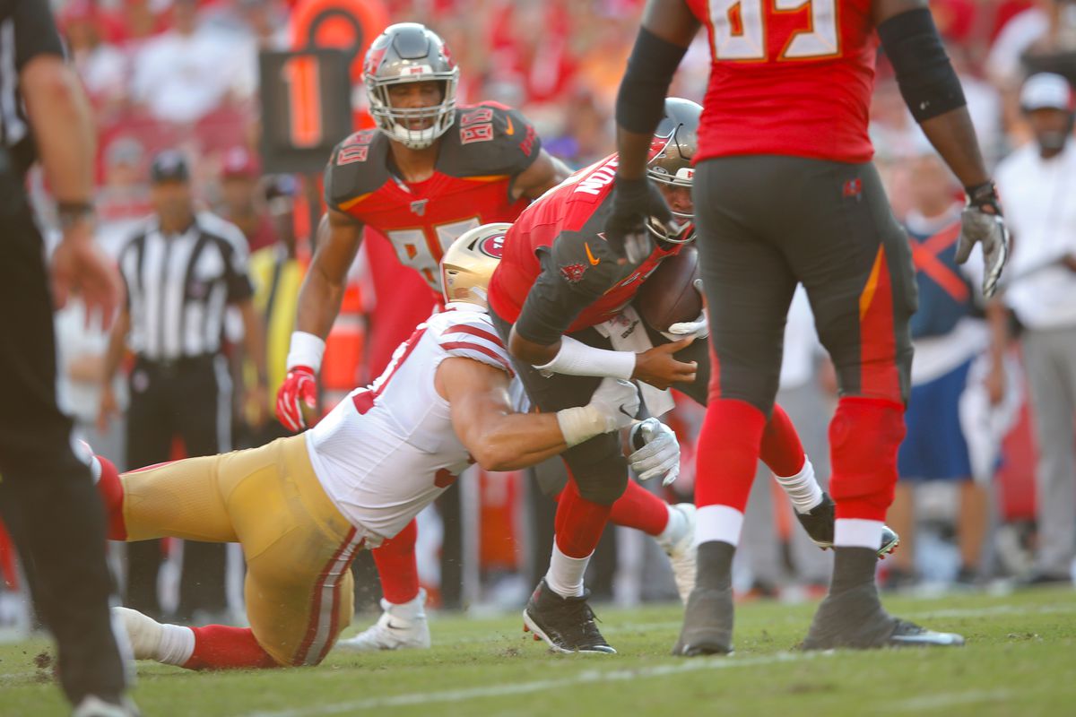 Nick Bosa of the San Francisco 49ers sacks Jameis Winston of the Tampa Bay Buccaneers during the game at Raymond James Stadium on September 8, 2019 in Tampa, Florida.