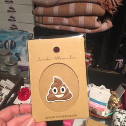 Poop emoji leather sticker, $6