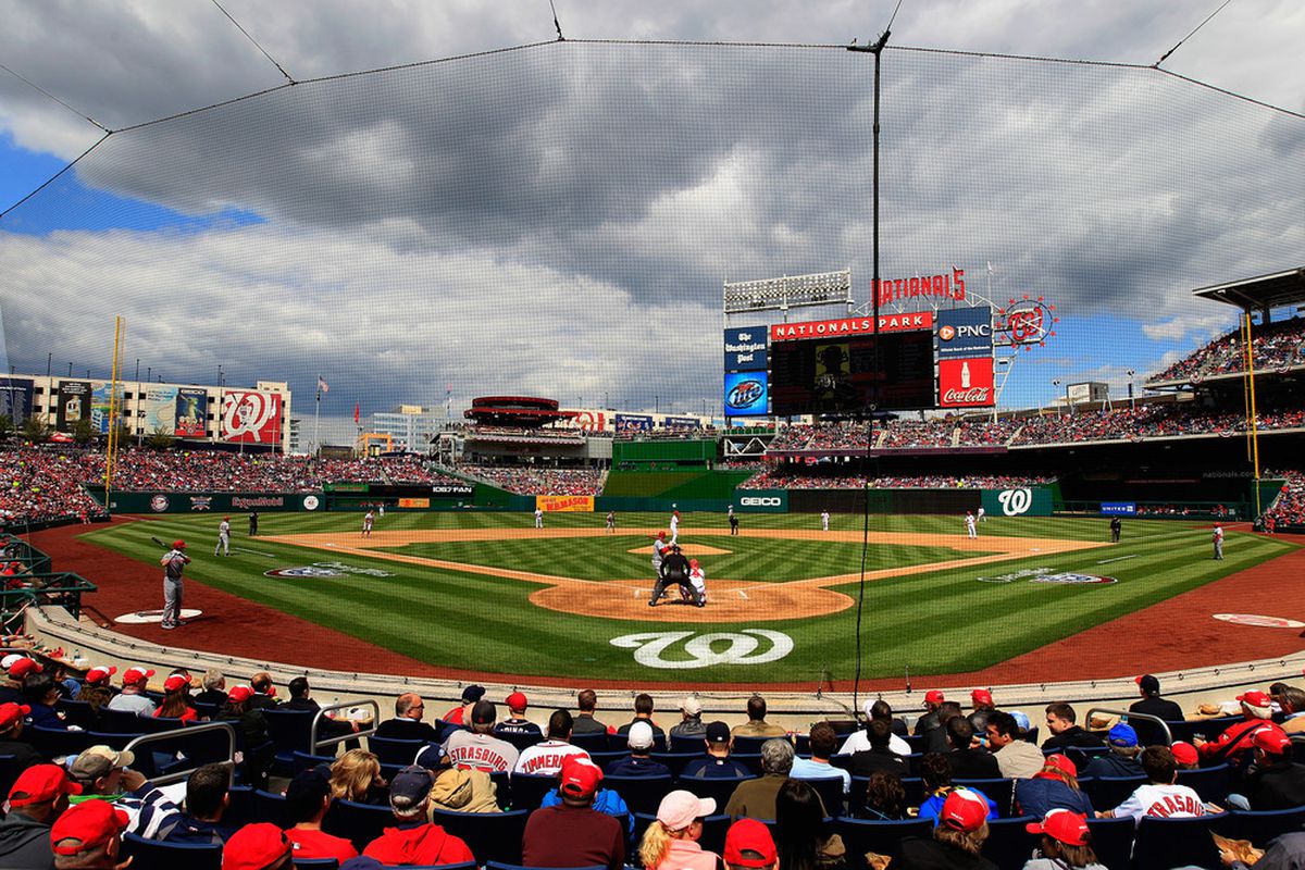 WASHINGTON, DC - APRIL 12: The Cincinnati Reds bat against the Washington Nationals during the fourth inning of opening day at Nationals Park on April 12, 2012 in Washington, DC.  (Photo by Rob Carr/Getty Images)