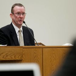 Utah County Sheriff's Sgt. Spencer Cannon, a former investigator with the state medical examiner's office, testifies during the trial of Martin MacNeill in Provo's 4th District Court on Tuesday, Nov. 5, 2013. MacNeill is charged with murder in the 2007 death of his wife, Michele MacNeill.
