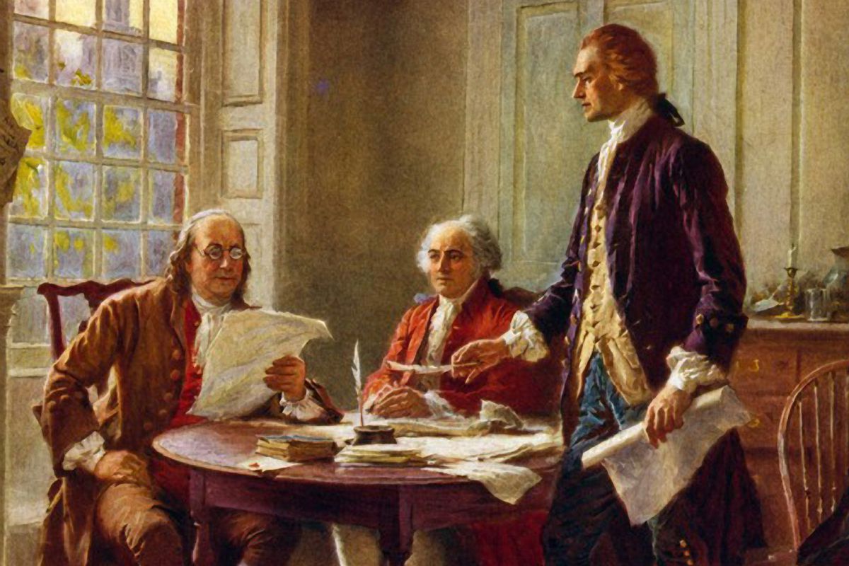 Writing the Declaration of Independence, 1776’: Benjamin Franklin, left, John Adams meeting at Thomas Jefferson’s, standing, lodgings in Philadelphia to study a draft of the document. After the painting by J.L.G. Ferris (1863-1930)...