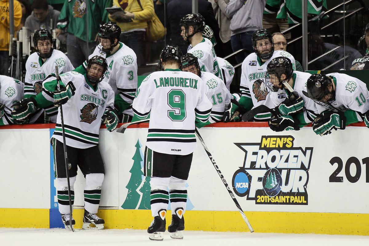 With their third straight Broadmoor Trophy in hand, Corban Knight (#10, far right) and the North Dakota Fighting Sioux look to win it all this season