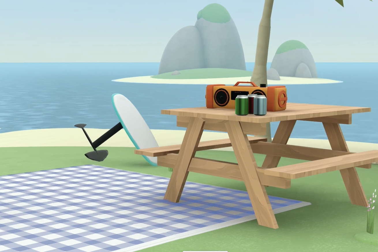 A 3D beach environment with a picnic table and hydrofoil.