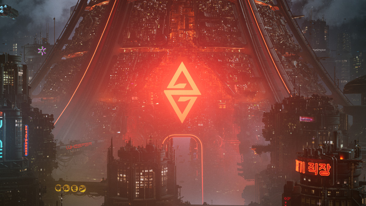 A cyberpunk tower glows red in The Ascent