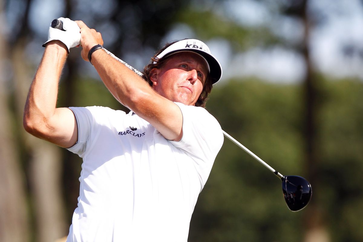 Aug. 26, 2012; Farmingdale, NY, USA; Phil Mickelson tees off the 12th hole during the final round of The Barclays at Bethpage State Park.  Mandatory Credit: Debby Wong-US PRESSWIRE