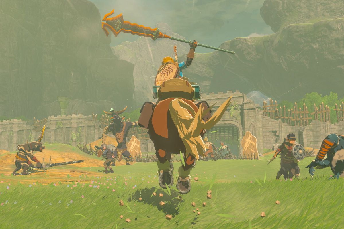 Link riding into battle on a horse, holding a weapon and ready to attack in The Legend of Zelda: Tears of the Kingdom.