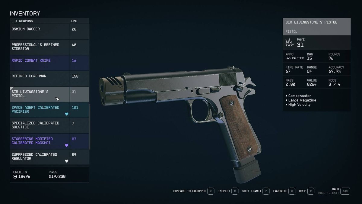 A menu shows the design and stats for Sir Livingstone’s Pistol, one of the best guns in Starfield.