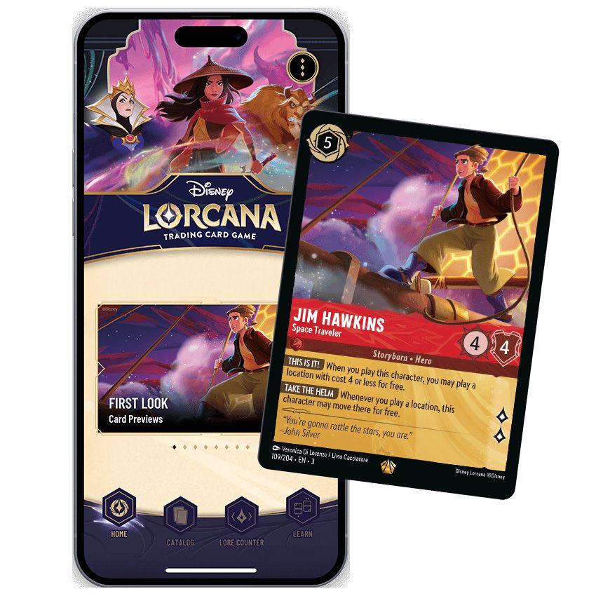 An image shared on the Disney Lorcana website featuring Jim Hawkins, Space Traveler, a 4/4 card with two lore and some interesting special abilities that relate to locations.