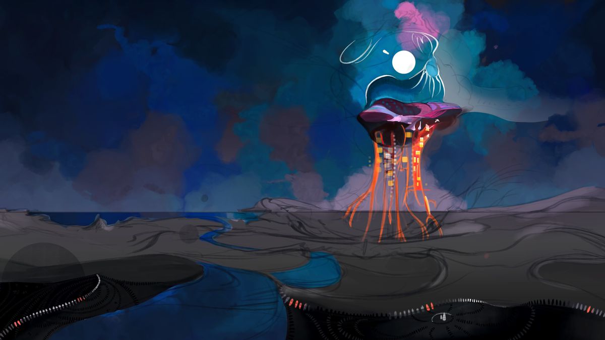 a futuristic-looking creature that looks somewhat like a jellyfish moves over empty land by the ocean