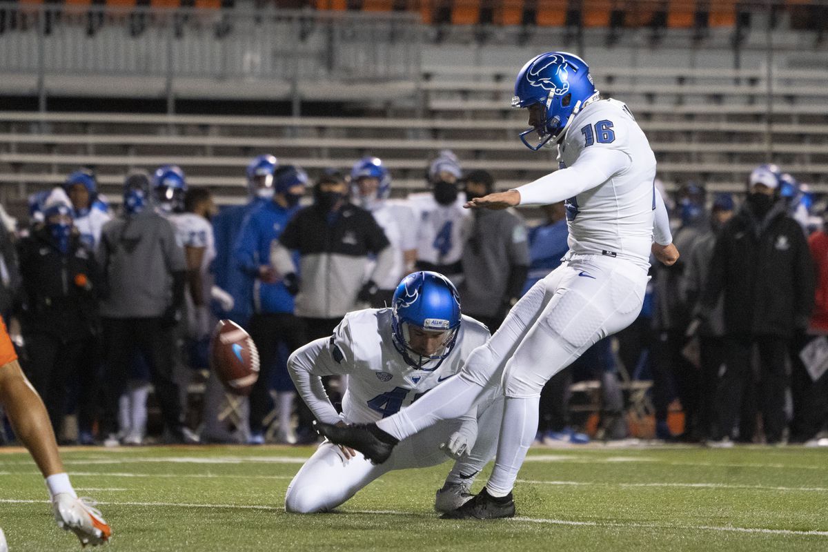 Buffalo Bulls Wide Receiver LeMaro Smith Jr. kicks an extra point during the second half of the College Football game between the Buffalo Bulls and the Bowling Green Falcons on November 17, 2020, at Doyt Perry Stadium in Bowling Green, OH.