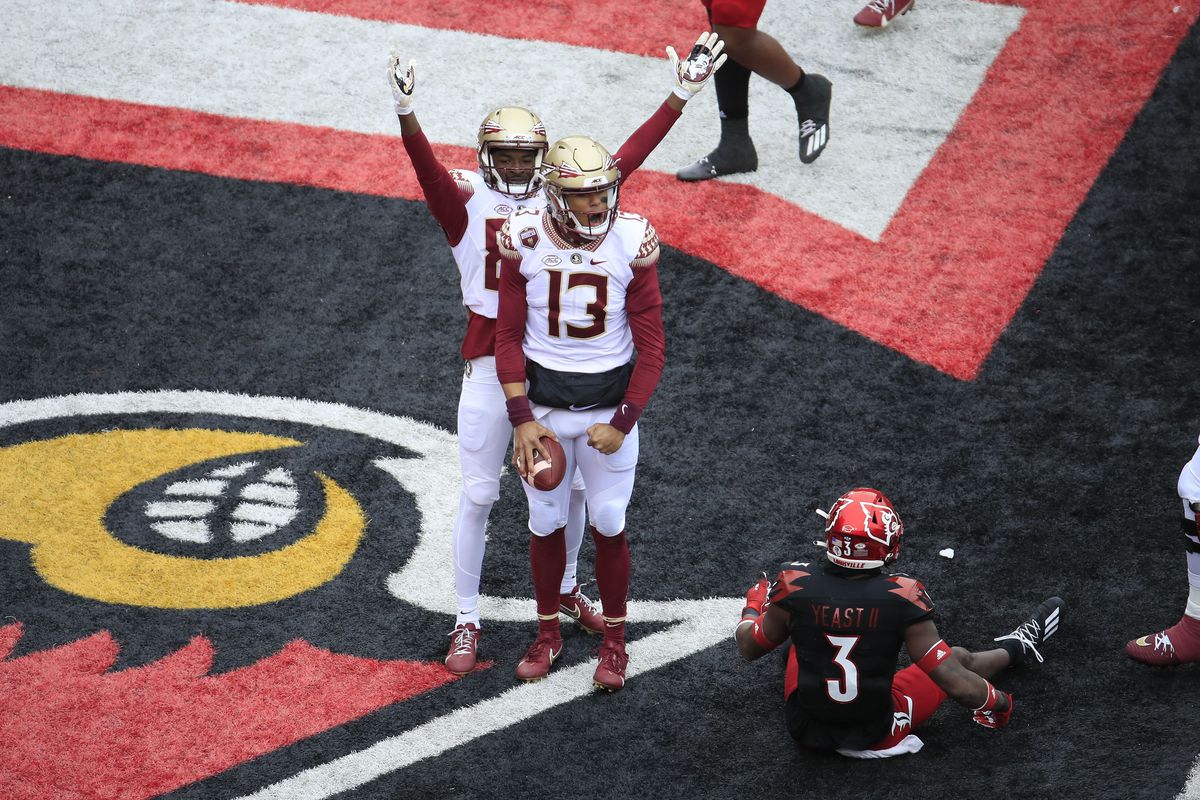 Jordan Travis of the Florida State Seminoles celebrates after running for a touchdown against the Louisville Cardinals at Cardinal Stadium on October 24, 2020 in Louisville, Kentucky.